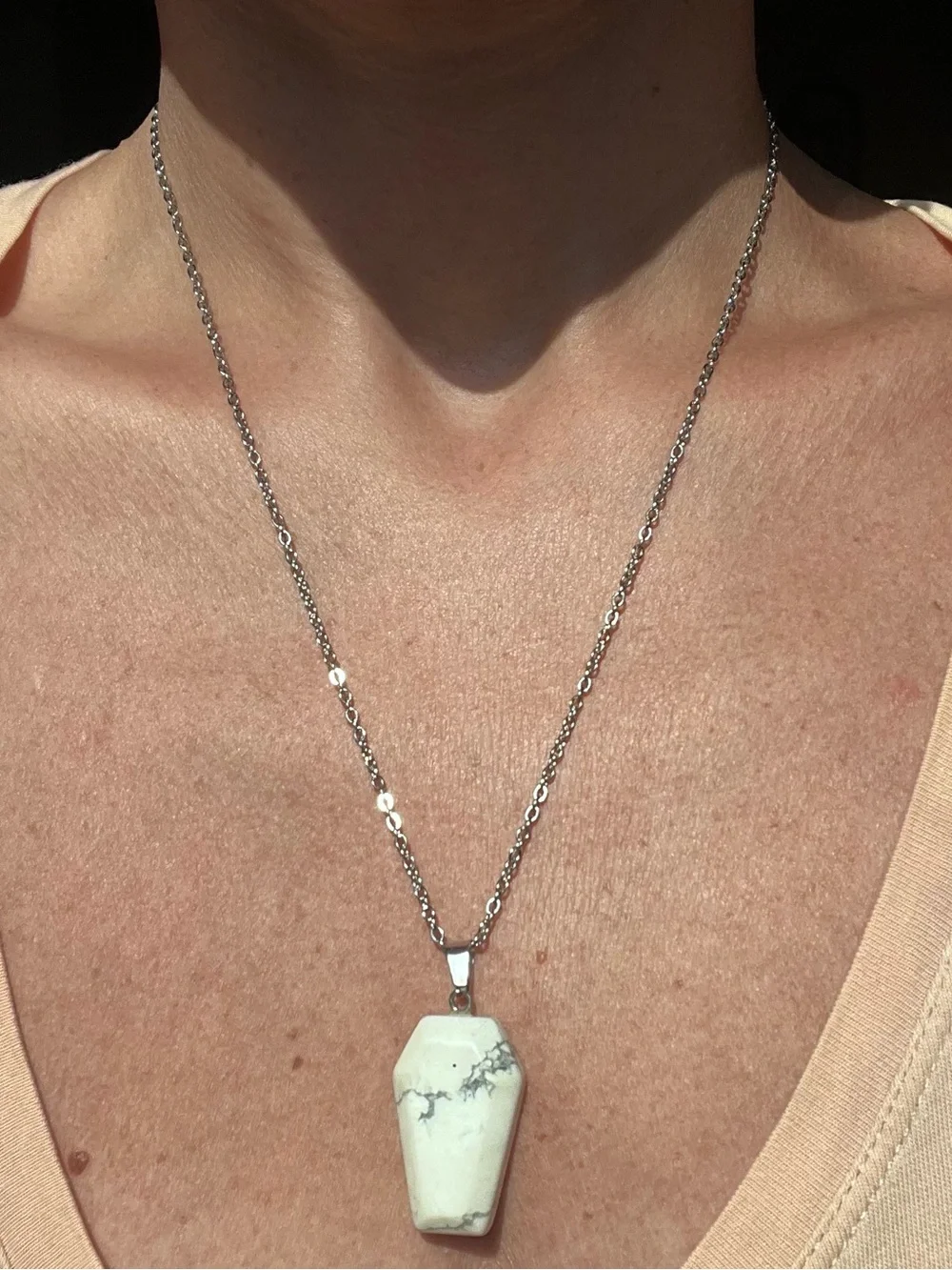 WHITE HOWLITE natural stone coffin pendant necklace on silver chain NEW
